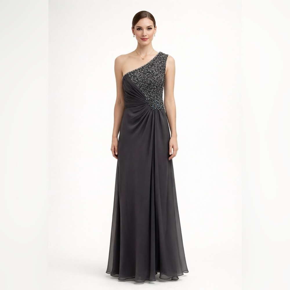 Vintage Aspeed One Shoulder Chiffon Gown Embellished Gray Medium Y2K Prom Chic